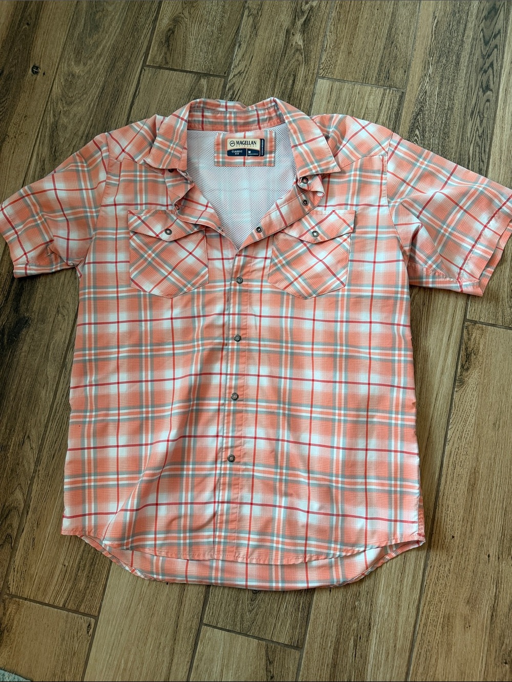 Magellan Outdoors Coral Plaid Short Sleeve Button-Down Shirt